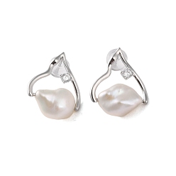 Platinum 925 Sterling Silver Studs Earring, with Cubic Zirconia and Natural Pearl, Platinum, 19.5x15mm