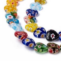 Coloré Millefiori main brins coeur en verre de perles, colorées, 12x12x3.5mm, Trou: 1mm