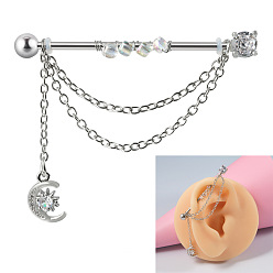 Луна 304 Двойные серьги-подвески из нержавеющей стали с кубическим цирконием для пирсинга хряща, цвет нержавеющей стали, луна, 38 мм, штифты : 1.6 мм, Руководитель: 5 mm