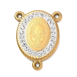 Golden Religion 304 Stainless Steel Chandelier Components Links, with Clay Pave Crystal Rhinestone, Oval with Saint Benedict Medal Rosary Centers, Ion Plating(IP), Golden, 18x14x2.5mm, Hole: 1mm