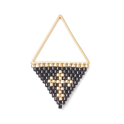 Black Handmade Japanese Seed Beads Pendants, Triangle with Cross Charms, Black, 37~38x23x2mm, Hole: 17x20mm