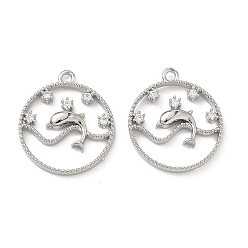 Платина Латунные микро проложить кубического циркония подвески, плоский круглый с подвесками в виде дельфинов, платина, 19x17x3 мм, отверстие : 1.4 мм