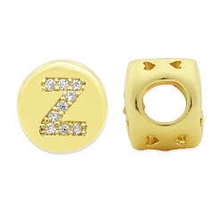 Letter Z Brass Micro Pave Clear Cubic Zirconia Beads, Flat Round with Letter, Letter.Z, 7.5x6.5mm, Hole: 3.5mm, 3pcs/bag