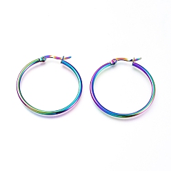 Rainbow Color Серьги из 201 нержавеющей стали, с 304 штифта из нержавеющей стали, гипоаллергенные серьги, Кольцевая форма, Радуга цветов, 12 датчик, 34x2 мм, штифты : 0.7x1 мм