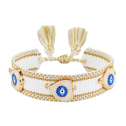 (404) Непрозрачное AB Кислое яблоко Регулируемые браслеты-слайдеры из полиэстера, сплава, смолы, эмали и стразов, украшенные символом «злого глаза»., браслеты макраме для женщин, с кистями, цветочный белый, 5.91~9.45 дюйм (15~24 см)