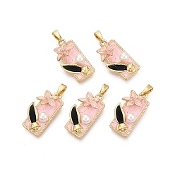 Pink Латунь эмаль подвески, подвески-прямоугольники и цветы, с ABS имитации жемчуга, реальный 18 k позолоченный, розовые, 20.5x11x5.5 мм, отверстие : 5x2.5 мм