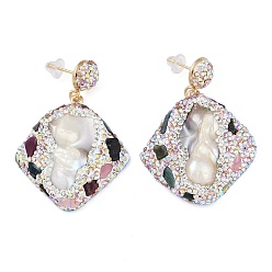 Разноцветный Серьги-гвоздики ручной работы из индонезийской латуни с покрытием из ромба, натуральным турмалином и натуральным жемчугом, долговечный, красочный, 50x35 мм