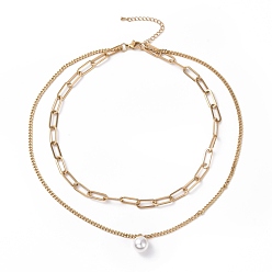Golden PVD Vacuum Plating 304 Stainless Steel Double Chains Multi Layered Necklaces Necklace with Plastic Pearl Charm for Women, Golden, 16.34 inch(41.5cm)