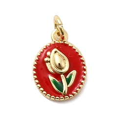 Красный Латунь эмаль прелести, овальные с цветком, стойки покрытие, долговечный, без кадмия и без свинца, реальный 18 k позолоченный, с целью перехода в кольце, красные, 11.5x8.5x2 мм, отверстие : 3.4 мм