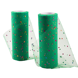 Green Heart Glitter Sequin Deco Mesh Ribbons, Tulle Fabric, Tulle Roll Spool Fabric For Skirt Making, Green, 6 inch(15cm), about 10yards/roll(9.144m/roll)