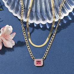 Роза 304 двухслойные ожерелья из нержавеющей стали с прямоугольной подвеской и стразами для женщин, реальный 18 k позолоченный, роза, 15.39 дюйм (39.1 см)