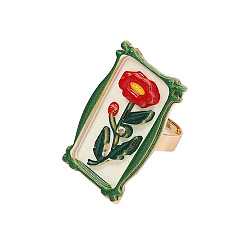 Rectangle Verstellbare Manschettenringe aus Zinklegierung mit Emailleblume, golden, grün, Rechteck, Innendurchmesser: 17.8 mm