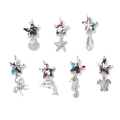 Черный 7 шт. 7 стили окрашенные синтетические бирюзовые морские звезды и сплав морских животных подвески, морские подвески с петлями из медной проволоки, античное серебро, чёрные, 27~37x14~18x5 мм, отверстие : 2.5 мм, 1 шт / стиль