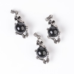 Black Agate Natural Black Agate Pendants, with Alloy Findings, Skull, Antique Silver, 41~43x19~20x17~19mm, Hole: 4x7mm