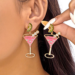 Золотой Серьги-гвоздики с подвесками из цинкового сплава со стразами, с эмалью, бокал, золотые, 53x28 мм