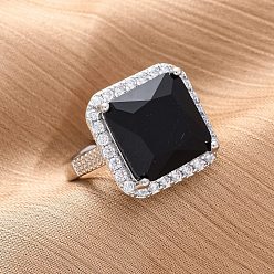 Платина Латунные кольца-манжеты с микропаве и прозрачным цирконием для женщин, Sqaure, со стеклом, без кадмия и без свинца, долговечный, стойки покрытие, платина, внутренний диаметр: 17 мм