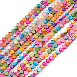 Mixed Shapes 10 Strands Colorful Natural Freshwater Shell Dyed Beads Strands, Round & Flower & Star, Mixed Shapes, 6~7x6~7.5x2.5~6mm, about 60~70pcs/strand, 13.98~15.35''(35.5~39cm)