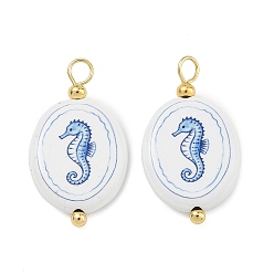 Sea Horse Печатные подвески сплава, с латунной найти, овальные амулеты, стойки покрытие, без кадмия и без свинца, реальный 18 k позолоченный, синие, морской конек, 27x15.5x3.5 мм, отверстие : 2.8 мм