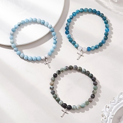 (52) Непрозрачная лаванда Пересечь 201 браслеты из нержавеющей стали очарование, браслеты из натуральных смешанных драгоценных камней с круглыми бусинами для женщин и мужчин, разноцветные, внутренний диаметр: 2.07 дюйм (5.25 см)