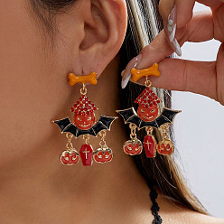Pumpkin Halloween Alloy Enamel & Rhinestone Stud Dangle Earrings, Golden, Pumpkin, 48x35mm