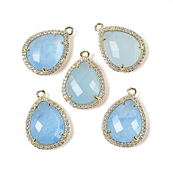 Белый Нефрит Подвески из натурального окрашенного белого нефрита в форме капли, покрытие стойки латунь микропаве прозрачные кубические циркониевые подвески, золотые, стойки покрытие, Небесно-голубой, 20.5x15x5.5 мм, отверстие : 1.4 мм