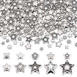 Argent Antique 200 pcs 10 styles perles en alliage de style tibétain, sans cadmium et sans plomb, étoiles, argent antique, 5~13x5~13x2.5~7.5mm, Trou: 1~4.5mm, 20 pcs / style