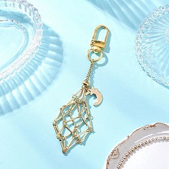 Золотой Латунный мешочек макраме пустой держатель для камня кулон украшение, с 304 подвесками в виде звезд и луны из нержавеющей стали и поворотными застежками из сплава, золотые, 109 мм