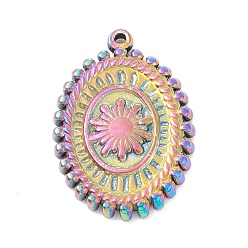 Rainbow Color Ionenbeschichtung (IP) 304 Edelstahlanhänger, Oval mit Blume, Regenbogen-Farb, 19.5x13.5x2 mm, Bohrung: 0.8 mm