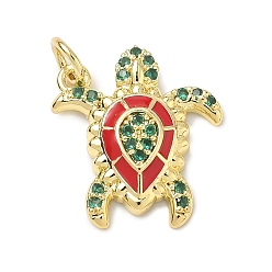 Красный Латунные микро проложить кубического циркония подвески, с эмалью, долговечный, стойки покрытие, без свинца и без кадмия, черепаховые чары, реальный 18 k позолоченный, красные, 17.5x16x3.5 мм, отверстие : 3 мм