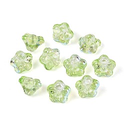 Светло-зеленый Гальванизируйте прозрачное стекло бисер нитей, петуния цветок, с покрытием AB цвета, светло-зеленый, 5.5~6.5x8~8.5x8~8.5 мм, отверстие : 1~1.2 мм, около 100 шт / нитка, 21.26~21.65 дюйм (54~55 см)