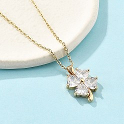 Золотой Латунный микропаве кубический цирконий четырехлистный клевер кулон ожерелья для женщин, с 304 цепи из нержавеющей стали, ионное покрытие (ip), золотые, 15.75 дюйм (40 см)