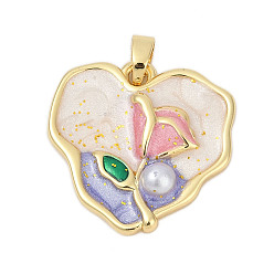 Сердце Латунь эмаль подвески, с имитацией жемчуга, стойки покрытие, прочное покрытие, без кадмия и без свинца, сердце, 20.5x21x4 мм, отверстие : 4.5x2.5 мм