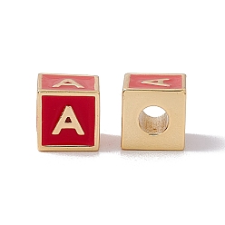 Letter A Стойки покрытие латунь эмаль бисер, без кадмия, без никеля и без свинца, реальный 18 k позолоченный, куб с письмом, красные, letter.a, 6x6x6 мм, отверстие : 2.5 мм