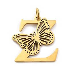 Letter Z Ионное покрытие (ip) 201 подвески из нержавеющей стали, письмо с подвесками-бабочками, золотые, Письмо Z, 27x25.5x1.5 мм, Кольцо: 7x1 mm, отверстие : 5 мм