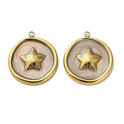 Античный Белый 304 подвески из нержавеющей стали, плоские круглые со звездой, с эмалью, реальный 18 k позолоченный, ионное покрытие (ip), старинный белый, 27x24x3 мм, отверстие : 1.8 мм
