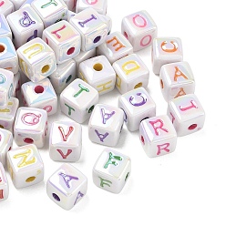 Mixed Color Plating Opaque Acrylic Beads, Craft Beads, Iridescent, Cube with Letter, Mixed Color, 12x11x11mm, Hole: 3.5mm