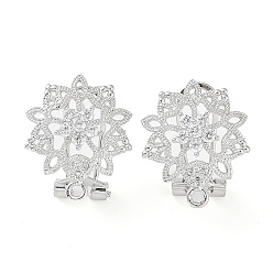 Platine Boucles d'oreilles en laiton, fleur creuse, micro pavé, zircone cubique, recherche, avec boucles horizontales, sans cadmium et sans plomb, platine, 18x15mm, Trou: 1.2mm, pin: 0.8 mm