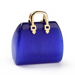 Средно-синий Подвески кошачий глаз, с латунной фурнитурой золотого цвета, ба, светло-синий, 27.5x25x12 мм, отверстие : 6.5x5 мм