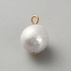 Круглые Подвески из натурального барочного жемчуга кеши, с медными петлями, золотые, цветочный белый, круглые, 9 мм, отверстие : 1.8 мм