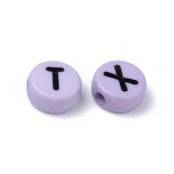 Lavender Opaque Acrylic Beads, Horizontal Hole, Flat Round with Black Random Letters, Lavender, 10x4.5mm, Hole: 2mm, about 1600pcs/500g