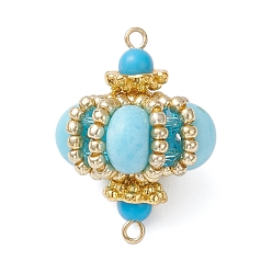 Синтетическая Бирюза Подвески-соединители в форме ромба из окрашенной синтетической императорской яшмы и стеклянных бусин ручной работы, с синтетической бирюзой и биконическими стеклянными бусинами, золотые, голубой, 26~27x16.5~17x16.5~17 мм, отверстие : 1.2~1.8 мм