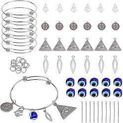 Stainless Steel Color DIY Evil Eye Bangle Making Kit, Including 201 Stainless Steel Pendants & Expandable Bangle Making, 304 Stainless Steel Pendants & Jump Rings & Pin, Lampwork Beads, Stainless Steel Color, Bangle Making: 6pcs/box