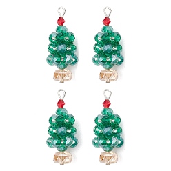 Зеленый Подвески гальванизируйте стекла, рождественская елка, с серебряной железной петлей, граненые, зелёные, 39.5x16.5 мм, отверстие : 2.2 мм