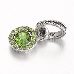 Peridot Antique Silver Plated Alloy Rhinestone European Dangle Charms, Flat Round Large Hole Pendants, Peridot, 19mm, Hole: 6mm
