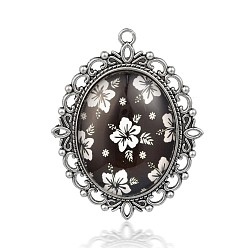 Colorful Flower Photo Glass Oval Big Pendants, with Antique Silver Plated Alloy Settings, Colorful, 61x48x9mm, Hole: 3mm