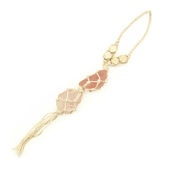 Rose Quartz Double Natural Rose Quartz Tassel Pendant Decoration, with Old Lace Rope Wrapped, Nuggets, 270~330x30~50mm
