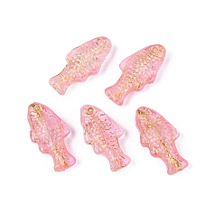 Pink Прозрачные стеклянные бусины для выпечки, рыба, золотой металл обвитыми, розовые, 24.5~25x12~12.5x6~7 мм, отверстие : 1~1.2 мм