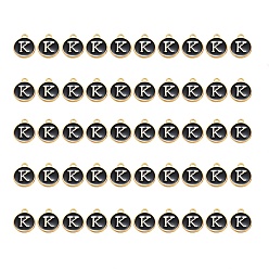 Letter K Подвески из позолоченного сплава, с эмалью, эмалированные блестки, плоско-круглые, чёрные, letter.k, 14x12x2 мм, отверстие : 1.5 мм, 50 шт / коробка