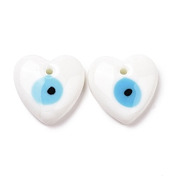 White Handmade Evil Eye Lampwork Pendants, Heart, White, 36x35x7.5mm, Hole: 3.5mm