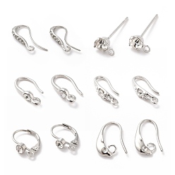 Platinum Rack Plating Brass Cubic Zirconia Earring Findings, with Horizontal Loops, Mixed Shape, Platinum, 6~16x2.5~4mm, Hole: 1.2~1.8mm, Pin: 0.8~1mm